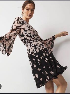 White House Black Market Black and Blush Floral Bell-Sleeve Dress